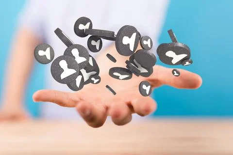Hand interacting with many of online users, 3d render Stock Photos