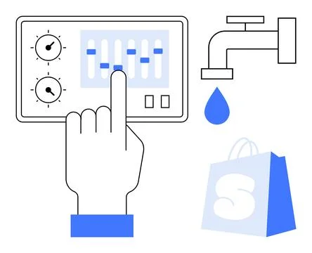 A hand interacts with a control panel featuring dials and sliders. Nearby are Stock Illustration