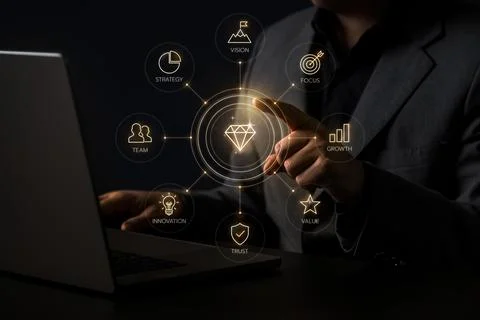 Hand interacts with a glowing circular interface and diamond icon, combinin.. Stock Photos