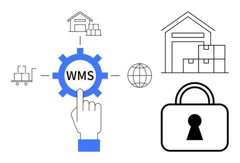 Hand interacts with WMS gear, surrounded by warehouse elements, lock, globe,  Stock Illustration