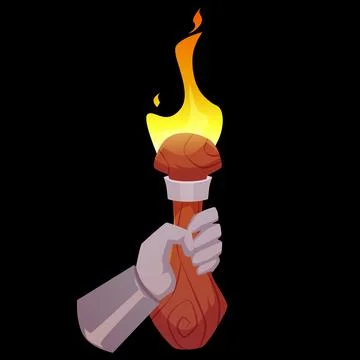 A hand in iron armor holds a burning torch by its wooden handle. Stock Illustration
