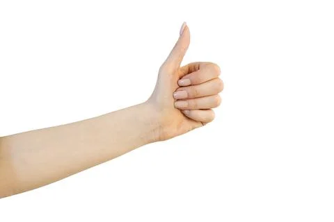 A hand isolated on a white background with a thumbs up shows the class. Stock Photos