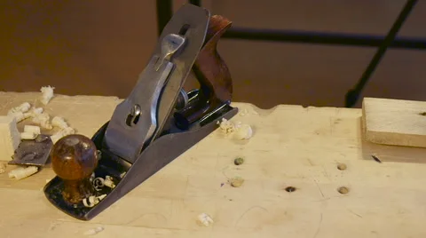 Hand jack plane, wood chips and sawdust Stock Footage 59215694