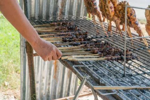 Hand keep grilled chicken and grilled liver on the grill. Stock Photos