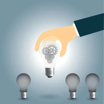 Hand keep up idea concept with gear in light bulb. Vector Stock Illustration