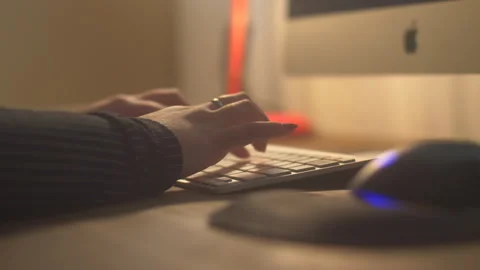 Hand Keyboard Table Warm Light Medium Shot Stock Footage 279593071
