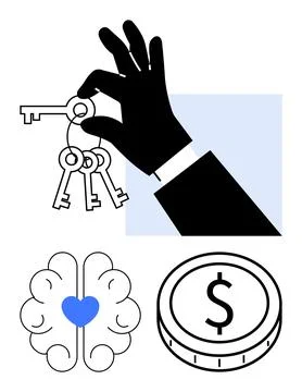Hand with keys, brain with a heart, and a coin emphasize access, intellect, e Stock Illustration