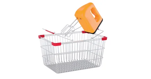 Hand kitchen mixer adding to shopping basket, 3d animation. 3D rendering Video stock 169307962