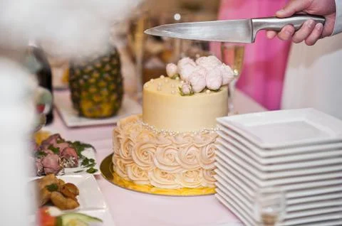 The hand with the knife cuts the wedding cake 7403. Stock Photos