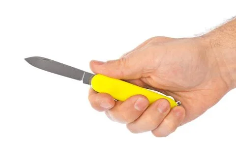 Hand with knife multitool Hand with knife multitool isolated on white back... Stock Photos