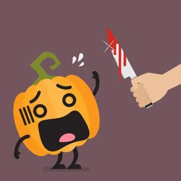 Hand with a knife prepare to cut the funny pumpkin character Stock Illustration