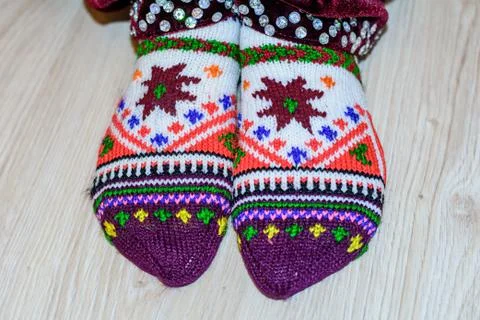 Hand knitted woolen socks in different colors, Turkish traditional Stock Photos