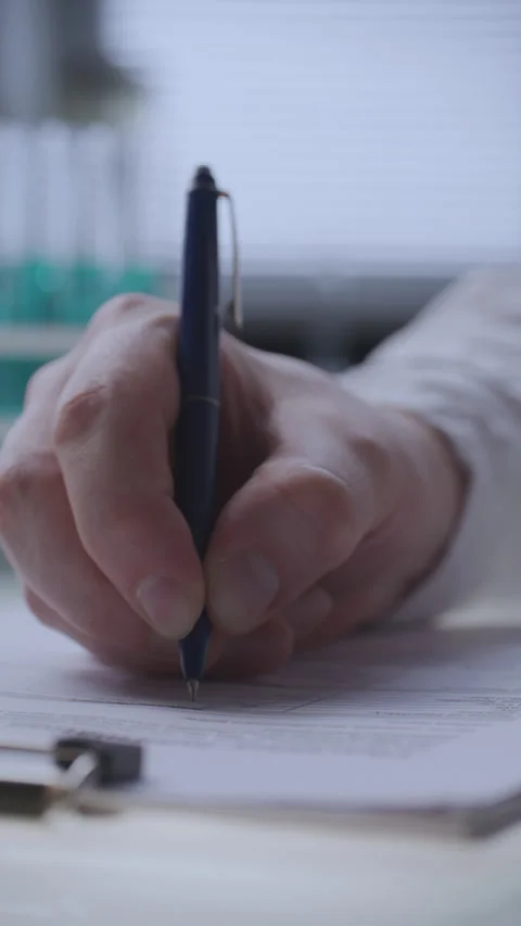 Hand of Lab Scientist Writing Clinical Research Data on Document Stock Footage 337321576