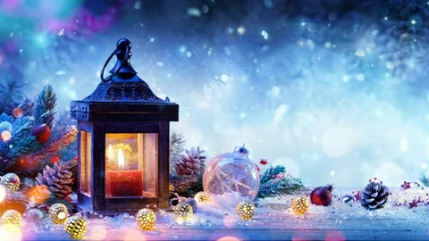 Hand Lantern with Candle on a Table with Christmas Toys. Video Postcard. 4K Stock Footage 259305291