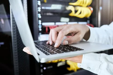 Hand, laptop or programmer working on software coding, programming or 404 error Stock-Fotos