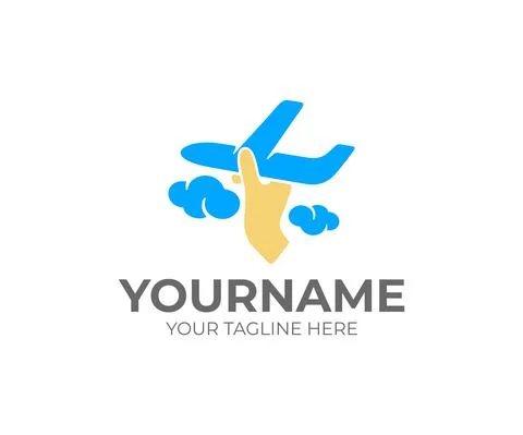 Hand launches a plane in clouds, logo design Stock Illustration