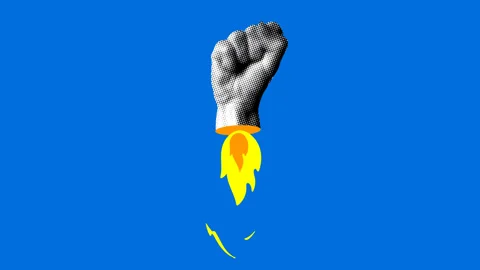Hand launches like a rocket. Fist up with rocket fire. Business startup Stock Footage 331636626