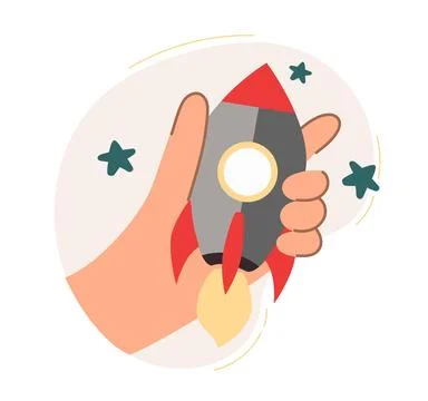 The hand launches a rocket. The origin of the idea. Marketing strategy. Busin Stock Illustration