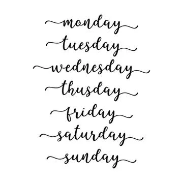 Hand Lettered Days of the Week. Calligraphy words Monday, Tuesday, Wednesday Stock Illustration