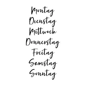 Hand Lettered Days of the Week in German. Translated Monday, Tuesday, Wednesday Stock Illustration