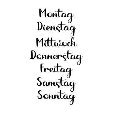 Hand Lettered Days of the Week in German. Translated Monday, Tuesday, Wednesday Stock Illustration
