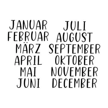 Hand Lettered Months Set in German. Translated January, February, March, April Stock Illustration