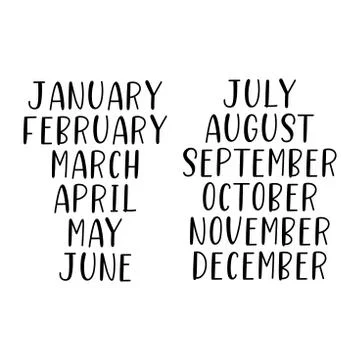Hand Lettered Months Set. January, February, March, April, May, June, July Stock Illustration