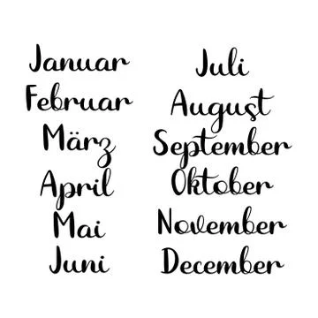 Hand Lettered Months of the Year Set in German. Lettering for Calendar Stock Illustration