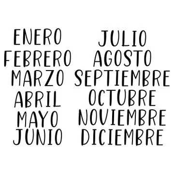 Hand Lettered Months of the Year in Spanish. Lettering for Calendar, Organizer Stock Illustration