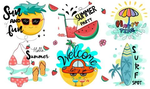 Hand lettering collection and summer illustrations(a) Stock Illustration