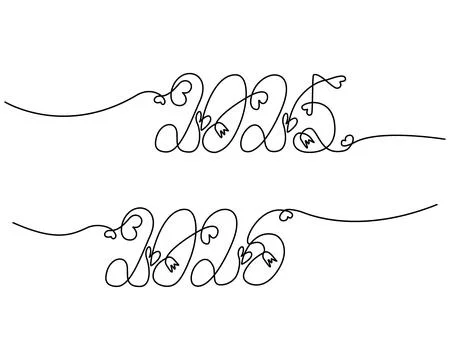 Hand lettering continuous line Dates 2025 2026 with hearts and flowers in Illustrazione stock
