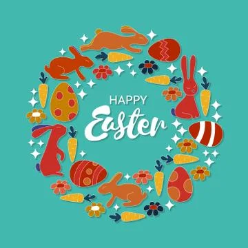 Hand lettering Happy Easter card. Vintage wreath with bunnies, flowers, carrot Illustrazione stock