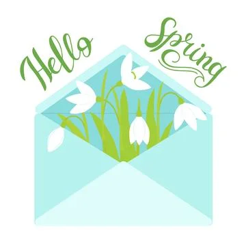 Hand lettering hello spring. Snowdrop flowers in a blue carpet. Stock Illustration