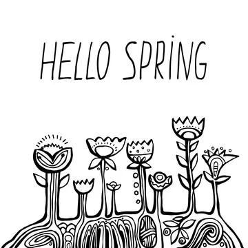 Hand lettering words hello spring And ethnic flowers. card with cute letterin Stock Illustration