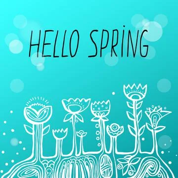 Hand lettering words hello spring And ethnic flowers. card with cute letterin Stock Illustration