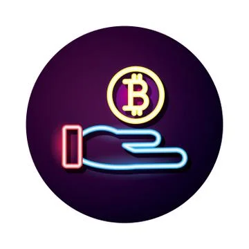 Hand lifting bitcoin crypto currency neon style icon Stock Illustration