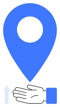 Hand lifting blue map pin represents location assistance or support service.. Ilustración de archivo