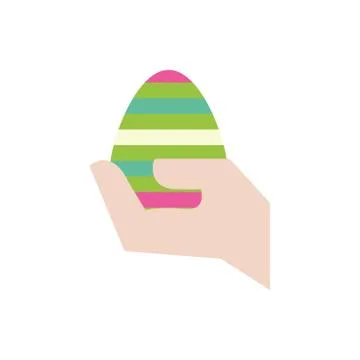 Hand lifting easter egg painted with stripes flat style Stock Illustration