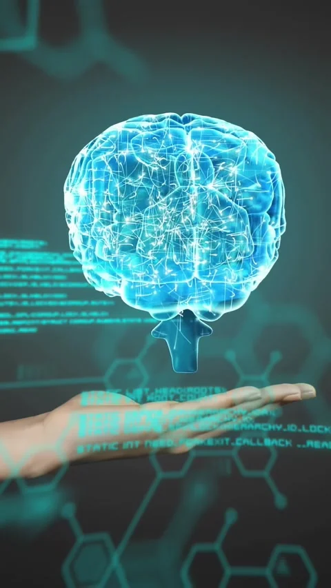 Hand lifting particle sphere, starting holo brain above palm, code and hex Stock Footage 331029895