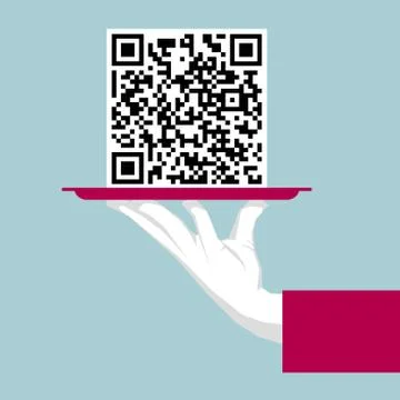 Hand lifting tray, QR Code in the tray.Isolated on blue background. Illustrazione stock