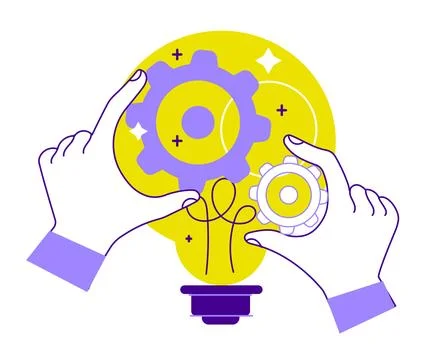 Hand lightbulb idea cogwheel. Implement business idea, development process イラスト素材
