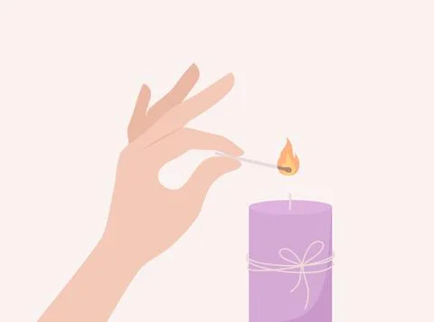 Hand lighting a candle with a burning match. Flat vector illustration Stock Illustration