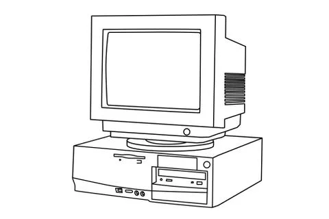 Hand line drawing of an old computer and monitor. Stock Illustration