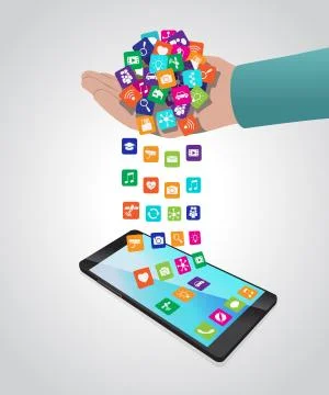 Hand loads and installs apps in smartphone Stock Illustration