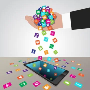 Hand loads and installs apps in smartphone Stock Illustration