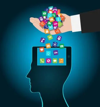 Hand loads icons head. Mobile apps installed into the brain Stock Illustration