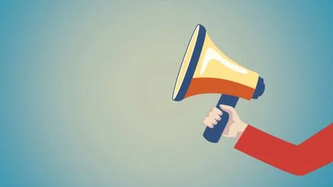 Hand with loadspeaker announcing something important over blue background. イラスト素材