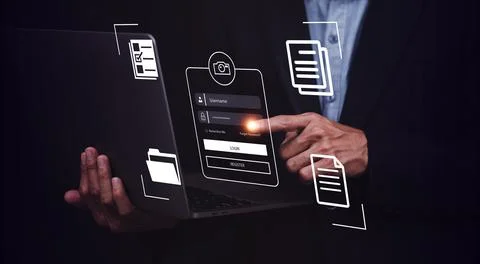 Hand login to computer security personal data and login and password, cyber s Foto stock