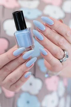 Hand with long nails and light baby blue manicure Stock Photos