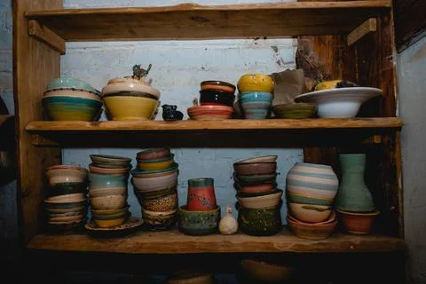 Hand made ceramic tableware, Collection of colorful clay pottery ceramics. Stock Photos